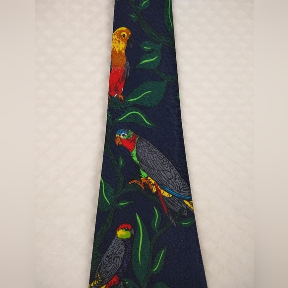 Men's Handmade Necktie by Renaissance Blue with Tropical Birds - Picture 2 of 8